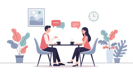 Flat illustration of two people having a coffee meeting at a café table, highlighting conversation, networking, and professional or casual discussion in a modern setting