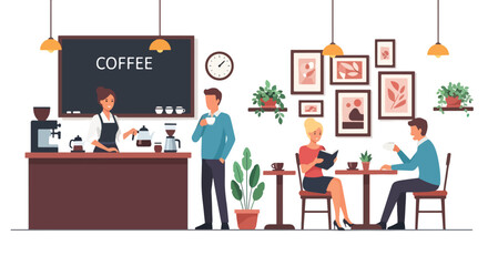 Flat illustration of people drinking coffee and socializing in a cozy café with a barista serving drinks, highlighting relaxation, conversation, and modern coffee shop culture
