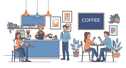 Flat illustration of people drinking coffee and socializing in a cozy café with a barista serving drinks, highlighting relaxation, conversation, and modern coffee shop culture