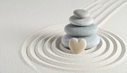 Serene composition of a stone cairn and a heart on raked white sand, symbolizing love, balance, and tranquility in a zen garden