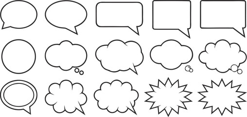 Fototapeta premium Variety of Black and White Comic Speech Bubbles Representing Communication Styles and Expressive Dialogue Balloons for Creative Visual Storytelling