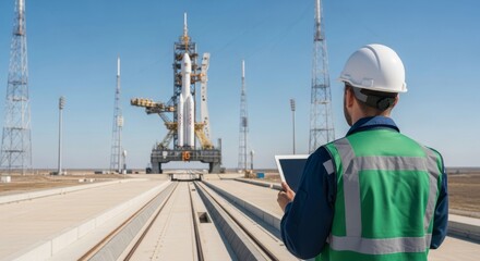 Engineer inspecting rocket launch vehicle at space center