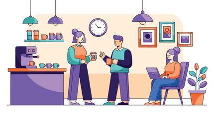 Flat illustration of colleagues talking and working in a modern office coffee corner with a laptop and espresso machine, showing teamwork, networking, and workplace collaboration
