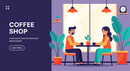 Landing page Flat illustration of a couple enjoying coffee together at a cozy coffee shop table, highlighting conversation, relaxation, and social connection in a modern café interior