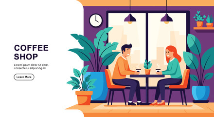 Landing page Flat illustration of a couple enjoying coffee together at a cozy coffee shop table, highlighting conversation, relaxation, and social connection in a modern café interior