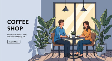 Landing page Flat illustration of a couple enjoying coffee together at a cozy coffee shop table, highlighting conversation, relaxation, and social connection in a modern café interior
