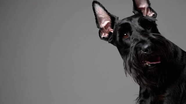 Profile Studio Portrait of Large Purebred Giant Schnauzer Canine Breed Exhibiting Playful Grin and Protruding Tongue