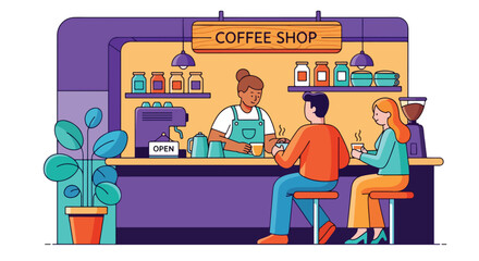 flat style vector illustration of people drinking coffee at a modern coffee shop counter with a barista preparing drinks, highlighting social interaction, lifestyle, and cozy café atmosphere