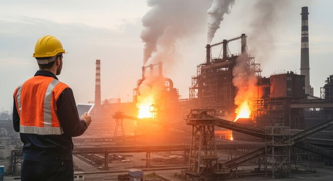 Industrial worker monitoring steel mill operations with visible flames
