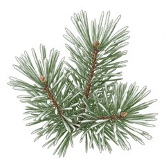 Close up of Green Pine Branch with Snowy Tips on White Background