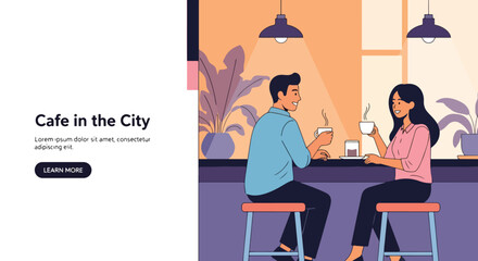 Landing Page Vector art of a couple enjoying coffee together in a modern city café, highlighting relaxation, conversation, and lifestyle in a cozy urban coffee shop setting