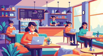 Vector art of people working on laptops in a modern coffee shop with baristas serving drinks, showing remote work, collaboration, and social interaction in a cozy café environment