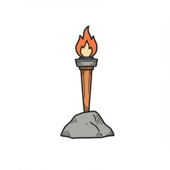 Burning Orange Flame on Brown Torch Resting Atop a Gray Stone Illustration