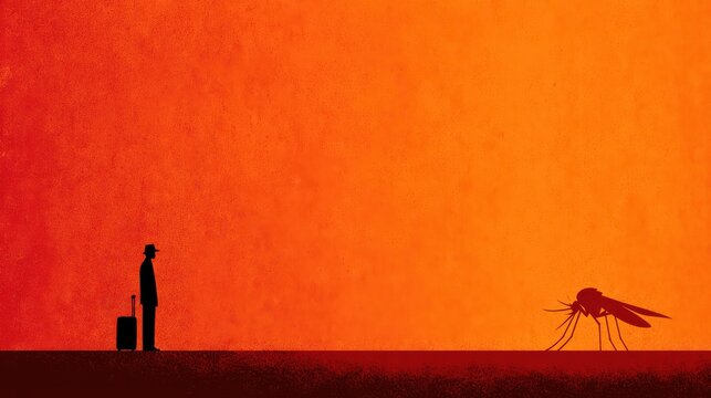 Editorial-style symbolic image showing human travel outline with mosquito silhouette overlay. Metaphor for virus spread, climate change risk, and global health crisis prevention