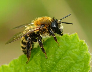 Detailed close-up of a bee resting on a vibrant green leaf, showcasing its intricate patterns and delicate features.