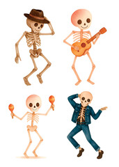 Cute Halloween Skeleton Illustration, Kawaii Spooky Bones Character Clipart