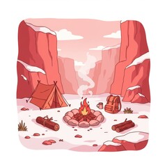 Campsite Scene with a Campfire in Snowy Canyon Illustration