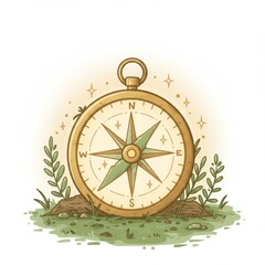 Vintage Golden Compass on Green Moss with Sparkling Stars Navigation Tool