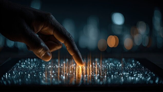 A hand's fingertip interacts with a glowing digital grid, backlit by city lights - Powered by Adobe