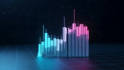 A 3D bar graph with neon blue and pink colors on a dark grid background - Powered by Adobe