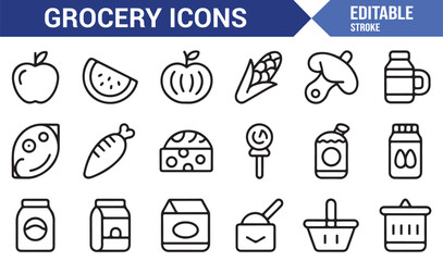 Collection of diverse grocery store icons for shopping and food related designs