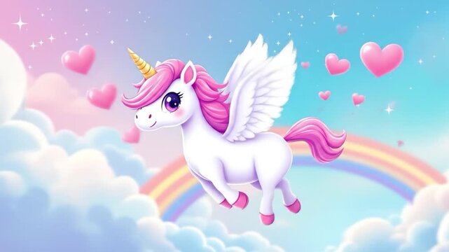 Cartoon winged unicorn flying with hearts and rainbow