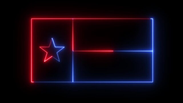glowing neon Texas flag, USA States Texas flag icon animation on black background. Neon Texas flag in trendy stylish colors. 4K Video motion graphic animation.
