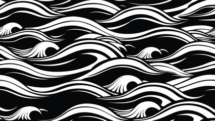 Seamless Ocean Wave Design in Black White. © Wesly