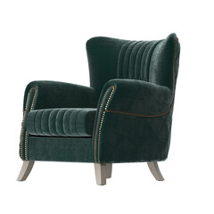 Fototapeta premium Classic Wingback Armchair, Green Velvet and Light Wood, Angled Front View 3D Render