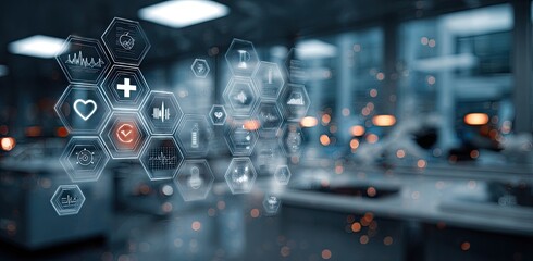 Medical technology interface overlaid on a blurred laboratory setting. 