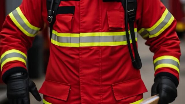 Firefighter in Red Uniform Holding Manilla Folder yellow stripes