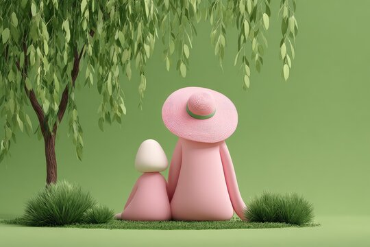Two stylized figures, pink and light pastel, sit back-to-camera beneath a weeping willow tree on a grassy knoll.  A light green background