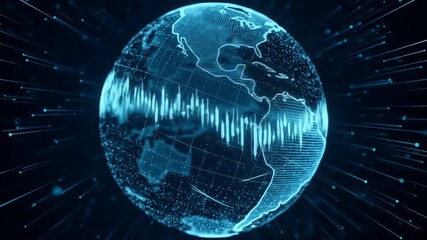 A glowing digital globe surrounded by light trails - Powered by Adobe