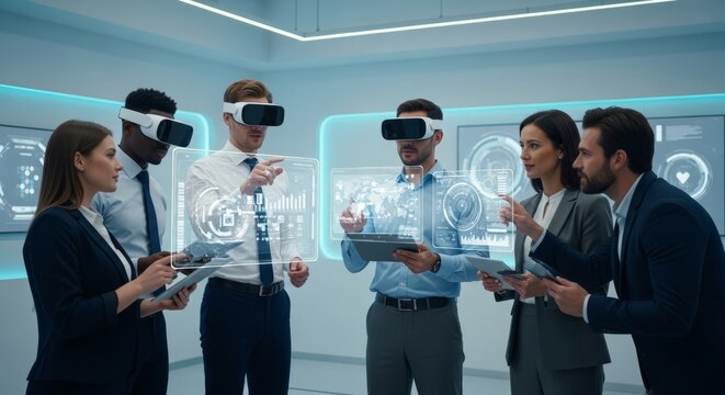 Group of professionals using VR technology for collaborative work