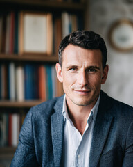 Obraz premium A portrait of a confident man in a blazer, smiling warmly, with bookshelves in the background, conveying professionalism and approachability.