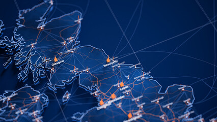 Newcastle map big data visualization. Futuristic map infographic of city in England. Visual map data complexity in modern blue and orange colors
