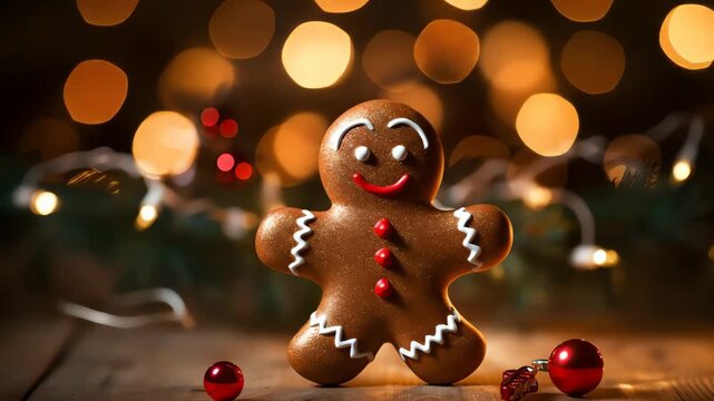 A gingerbread man with red buttons on a wooden surface with Christmas lights