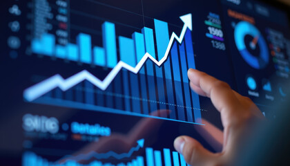 Fototapeta premium Business background growth innovation success company chart shows upward trend with digital data and analytics for financial
