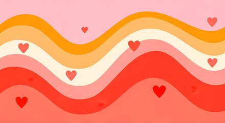 Wavy background with hearts in pink, red and orange colors for valentines day