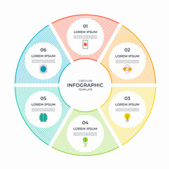Infographic circle with 6 steps, parts. Vector cycle diagram or round chart that can be used for report, business analytics, data visualization, corporate presentation, educational content.