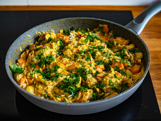 Chicken curry with vegetables and white rice in frying pan on induction cooker