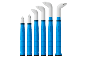 Set of professional blue caulking tools in graduating sizes isolated on a transparent background