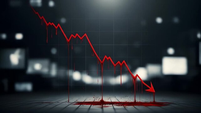 A red graph line dripping blood trends downward across a grid