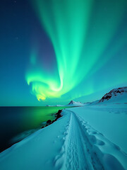 breathtaking shot iridescent aurora borealis swirling pristine tundra coastline bathed soft