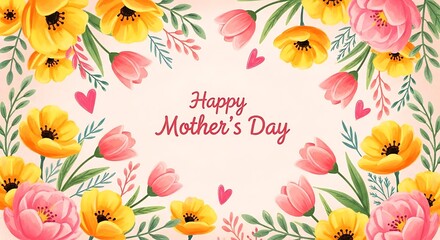 Happy mothers day greeting card with floral frame and watercolor design