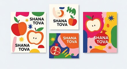 Colorful shana tova greeting cards for the jewish new year isolated on white background
