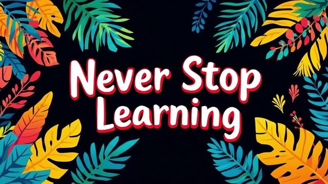 Never Stop Learning text with tropical leaves education