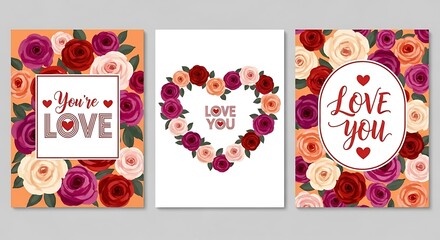 Valentines day greeting cards with roses and hearts for love celebration