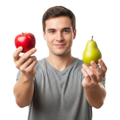 Young Man Holding a Red Apple and a Green Pear on Isolated transparent background png. generated with AI