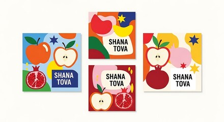 Shana tova rosh hashanah greeting cards with apples and pomegranates design